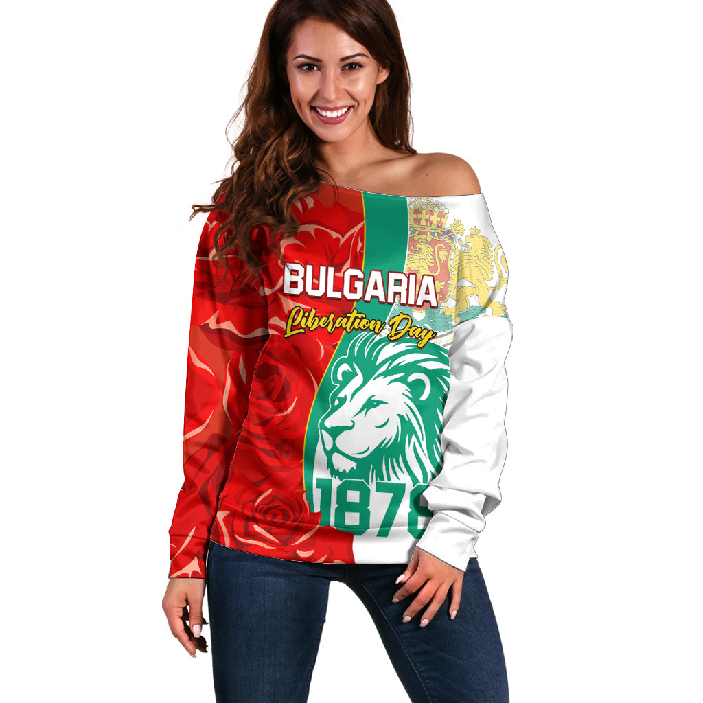 Bulgaria Liberation Day Off Shoulder Sweater Lion With Rose Flag Style - Wonder Print Shop