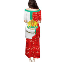 Red and white long dress with back graphic of Bulgaria lion crest and roses