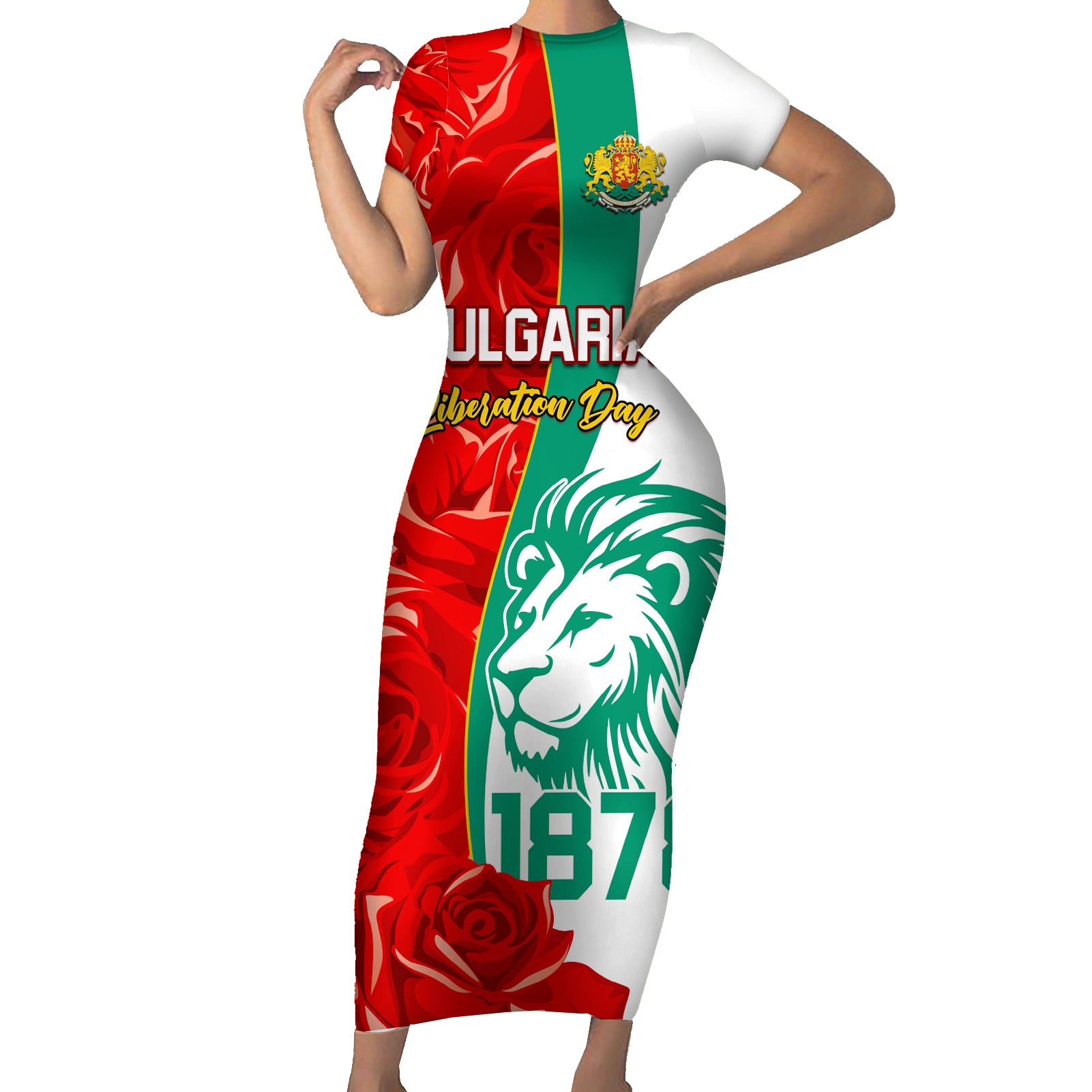 Bulgaria Liberation Day Short Sleeve Bodycon Dress Lion With Rose Flag Style - Wonder Print Shop