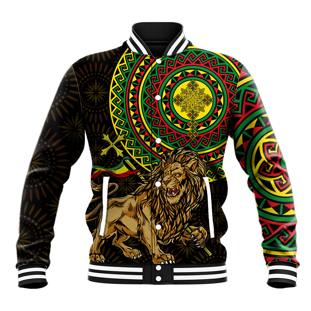 Black baseball jacket with green red yellow African pattern and gold lion front graphic