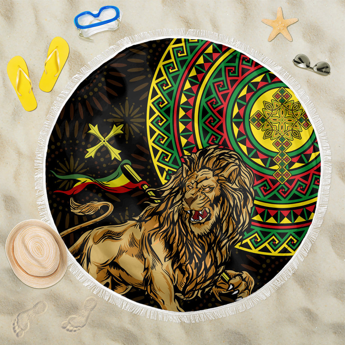 Round beach blanket with lion, green-red pattern, and fringed white edge on black background