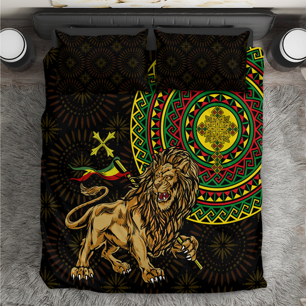 Black lion emblem bedding set with green and red circular pattern; matching pillowcases