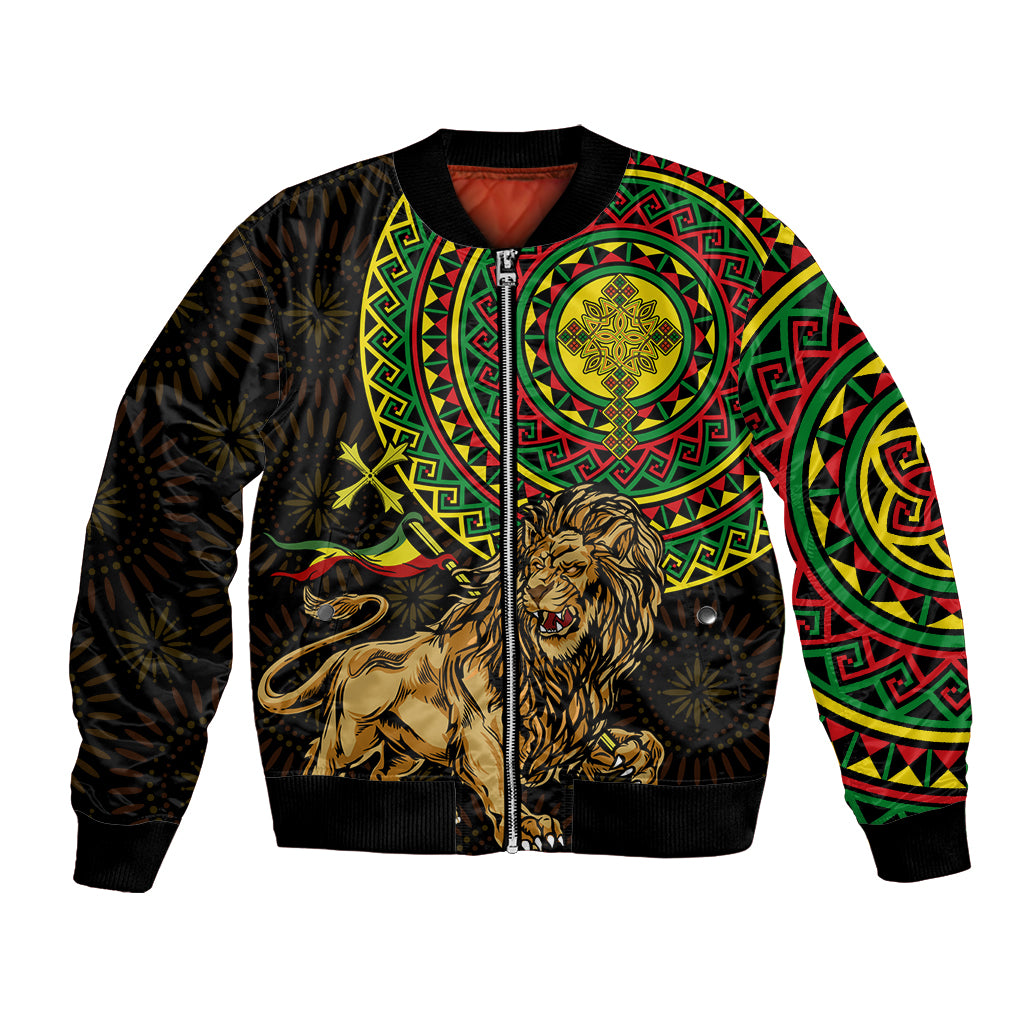 Black bomber jacket with colorful Ethiopian-style patterns and gold lion art