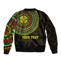 Black bomber jacket with green red yellow circular pattern and gold lion graphic, YOUR TEXT