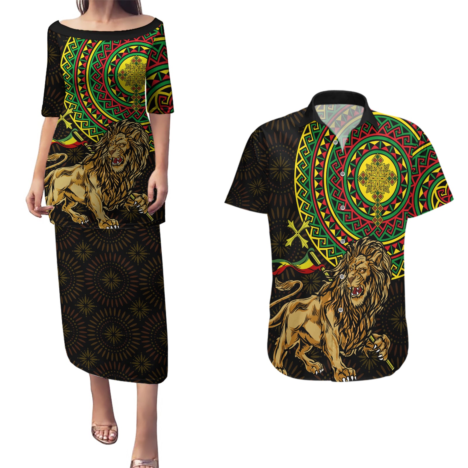 Ethiopia National Day Couples Matching Puletasi and Hawaiian Shirt Lion Of Judah African Pattern - Wonder Print Shop