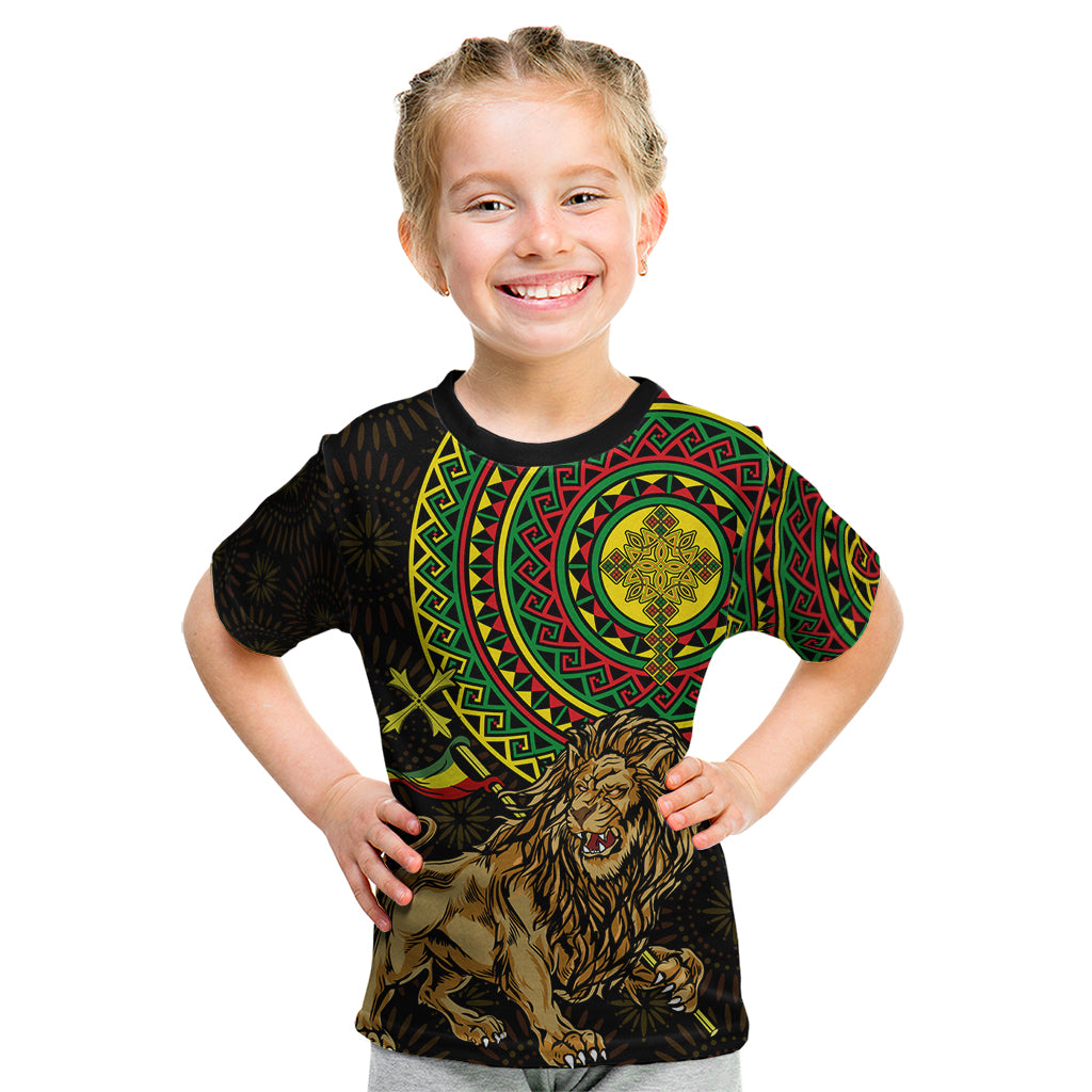 Ethiopia National Day Kid T Shirt Lion Of Judah African Pattern - Wonder Print Shop