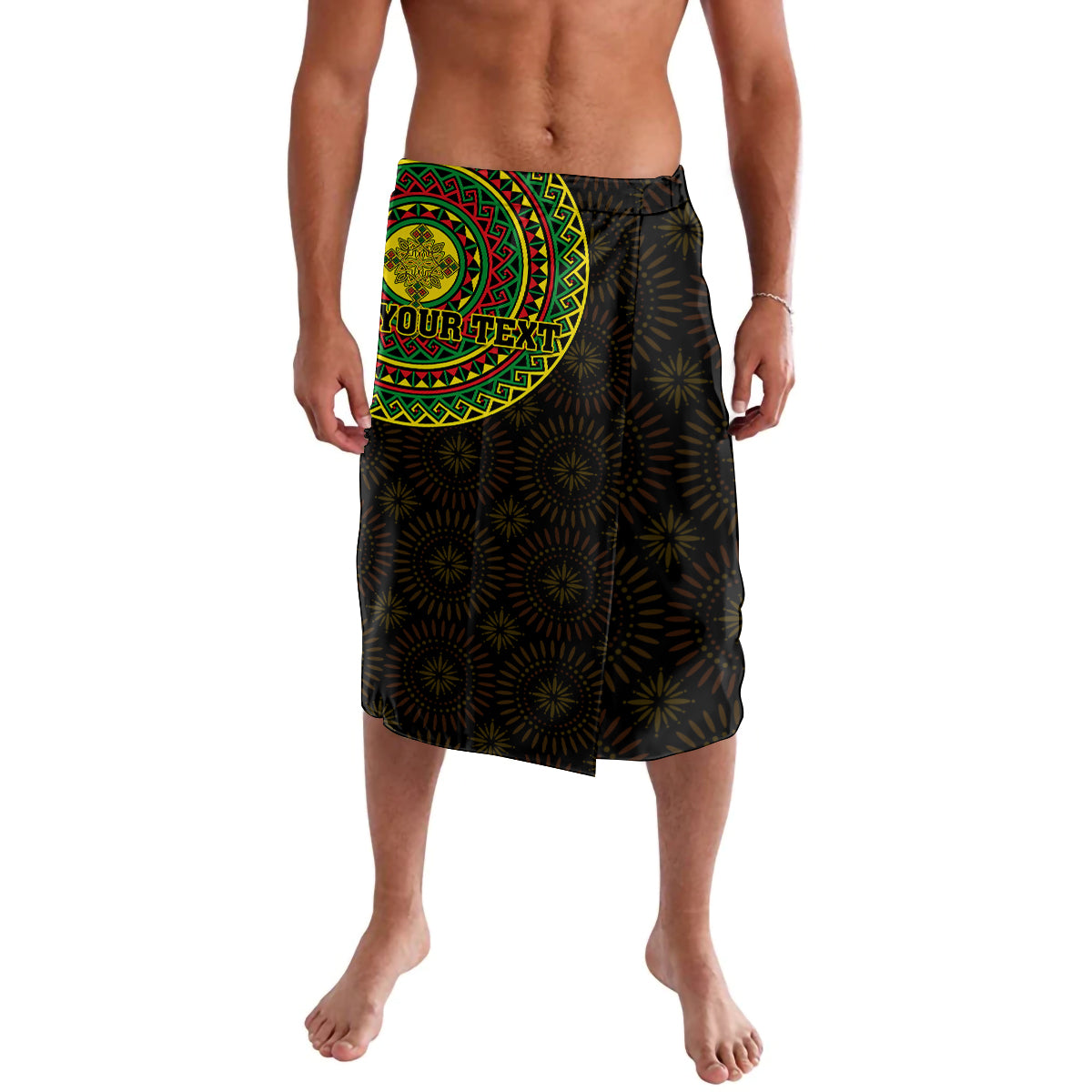 Black African patterned lavalava skirt with lion emblem panel and circular designs