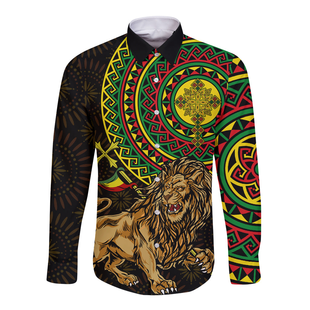 Black long sleeve button shirt with Lion of Judah and colorful African pattern graphics