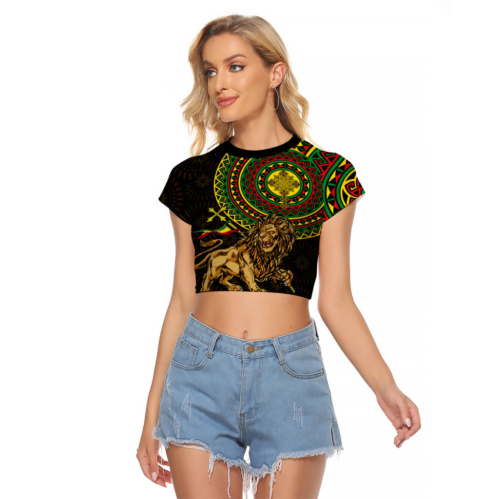 Ethiopia National Day Raglan Cropped T Shirt Lion Of Judah African Pattern