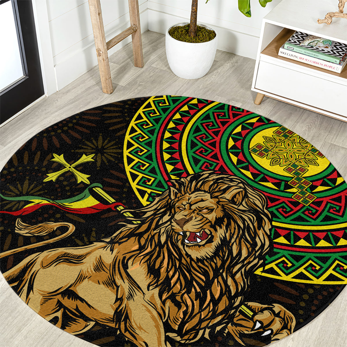 Black round rug with roaring Lion of Judah and green-red-gold circular medallion