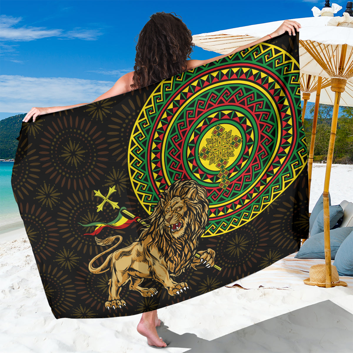 Black African lion sarong with circular green, red, and gold Lion of Judah design