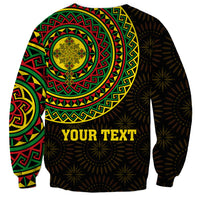 Unisex black sweatshirt back with green-red mandala pattern, starburst accents, 'YOUR TEXT'