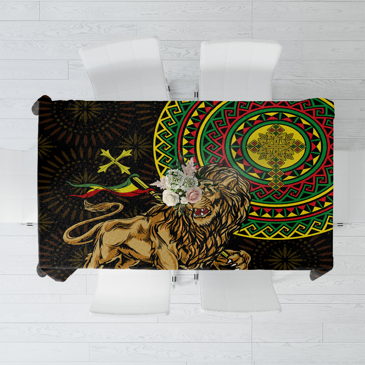 Black Lion of Judah tablecloth with lion artwork and green circular emblem