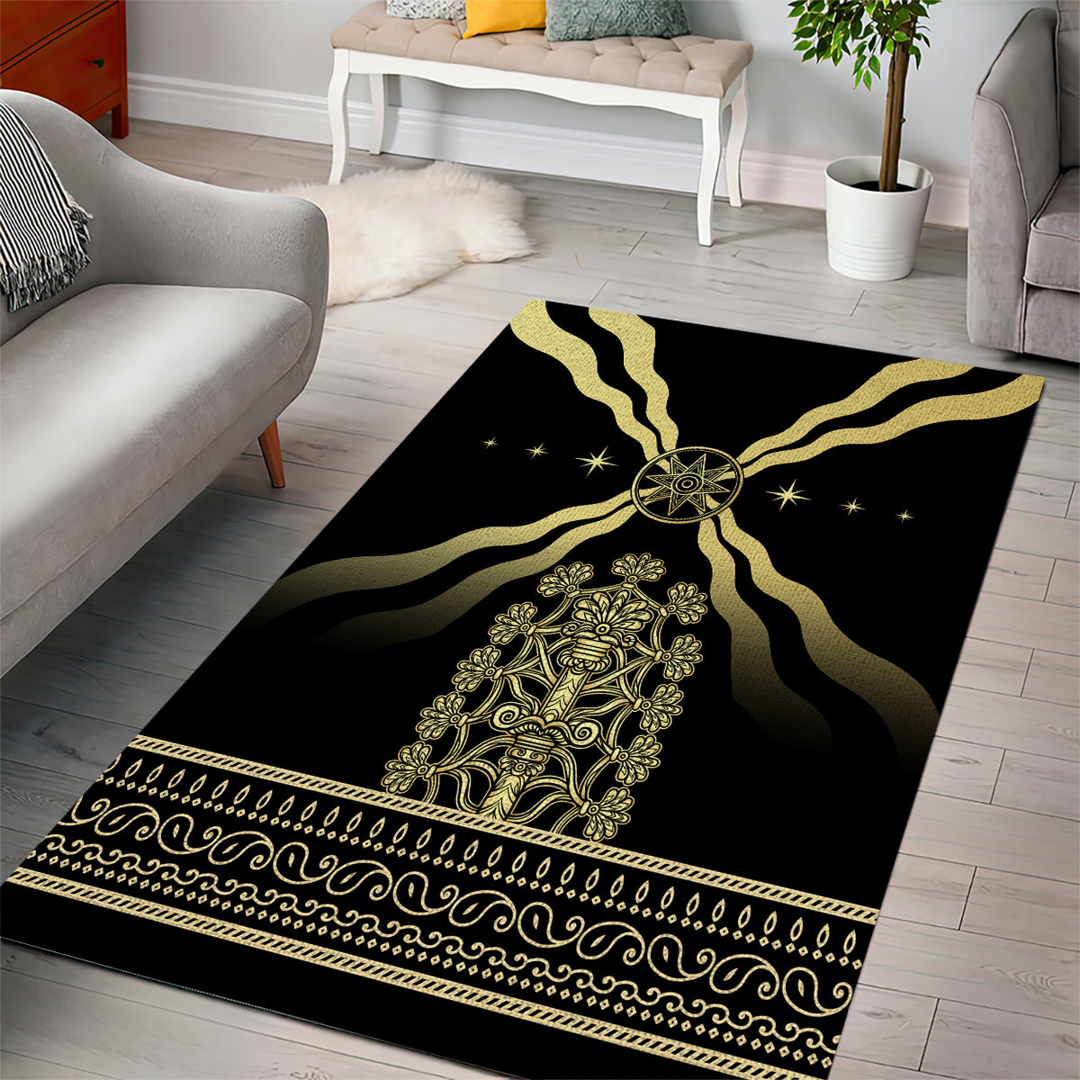 Black area rug with gold swirl waves, compass-like emblem, and decorative edge trim.