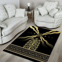 Black and gold mythic emblem area rug with wavy lines and decorative band border.
