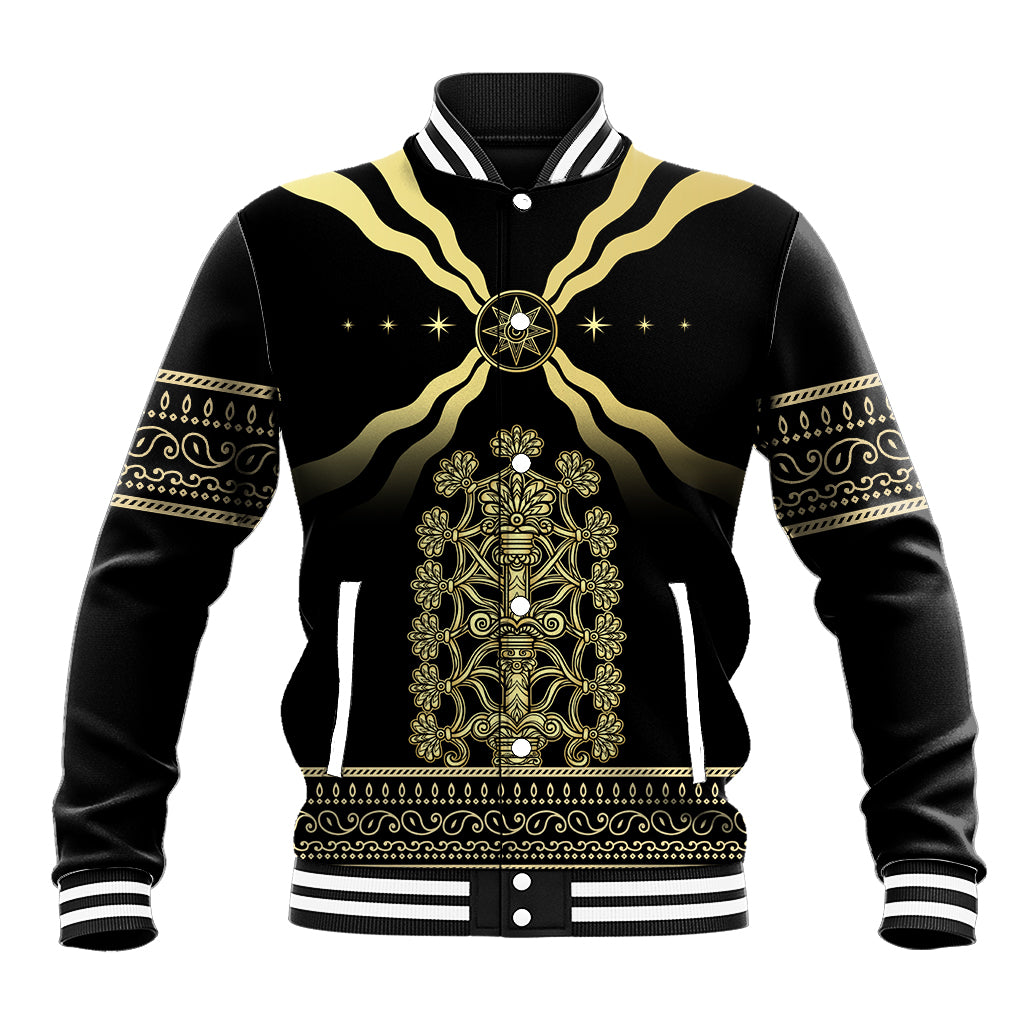 Black baseball jacket with striped cuffs, ribbed collar, and gold front emblem print