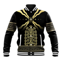 Black baseball jacket with striped cuffs, ribbed collar, and gold front emblem print