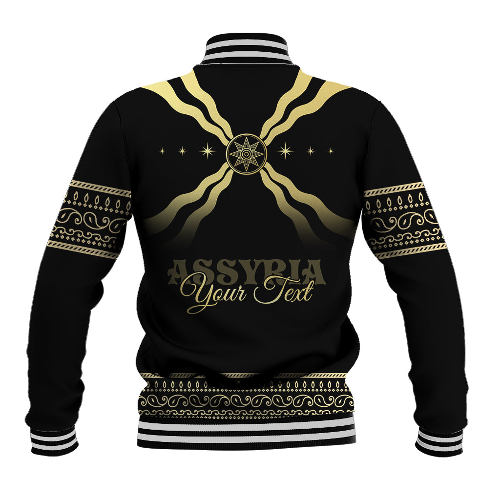 Black baseball jacket with gold back emblem and decorative lettering, striped ribbed hem