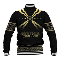 Black baseball jacket with gold back emblem and decorative lettering, striped ribbed hem