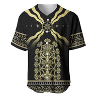 Black baseball jersey with gold Assyrian-style crest and decorative sleeve bands