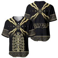 Black baseball jersey shown front and back, with gold crest and star accents