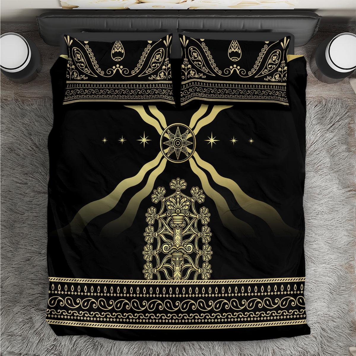 Black bedding set with gold central crest, star details, and ornate border on duvet