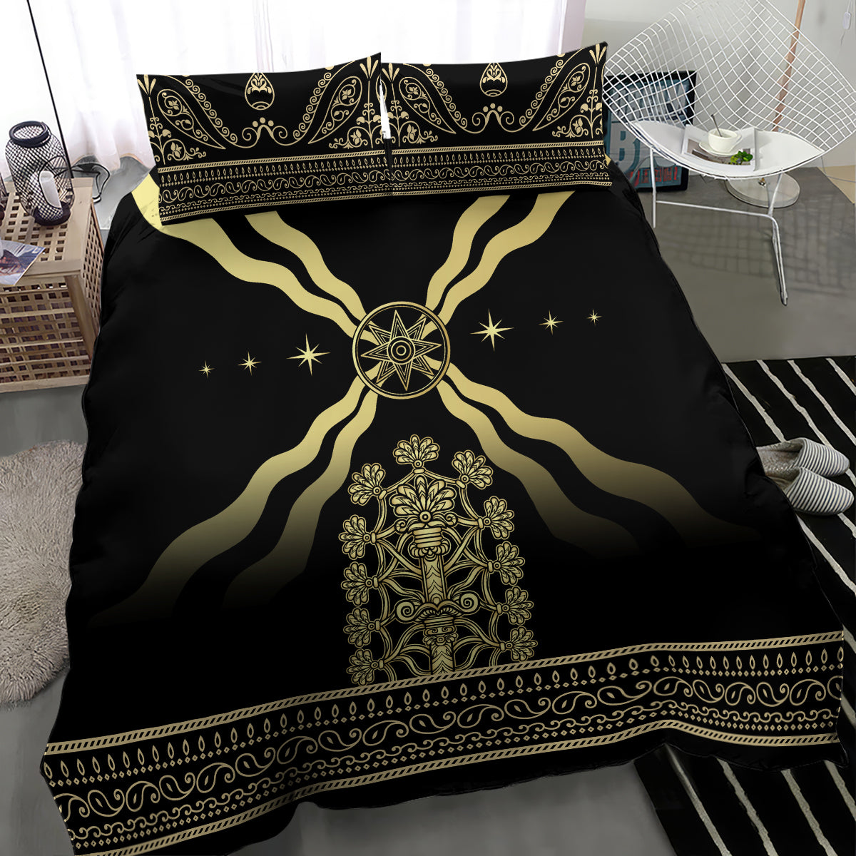 Black duvet with gold crest at center, compass-like emblem, stars, and patterned border