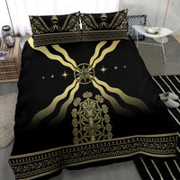 Black duvet with gold crest at center, compass-like emblem, stars, and patterned border