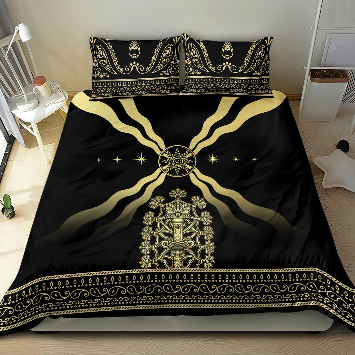 Black bedding set featuring gold emblem design, flowing lines, and ornate horizontal border