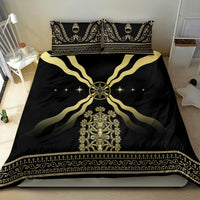 Black bedding set featuring gold emblem design, flowing lines, and ornate horizontal border