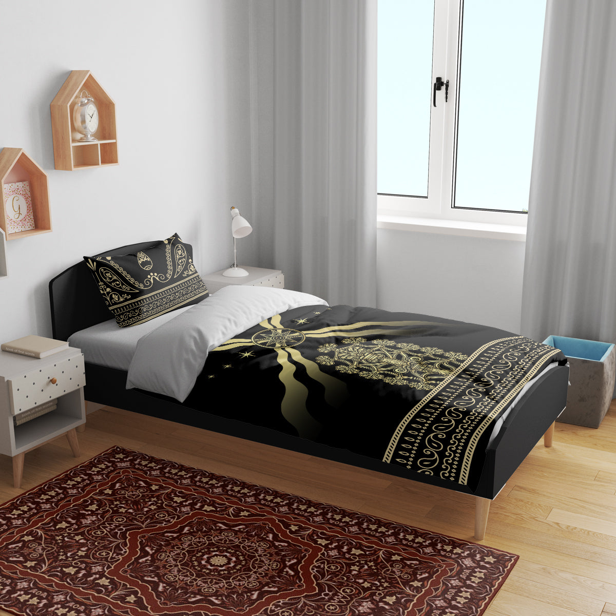 Black duvet with gold emblem stripes and star accents, plus matching patterned pillowcases