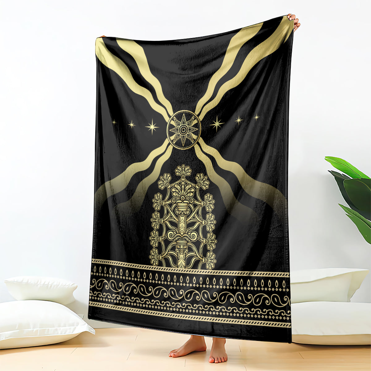 Black mythological blanket with gold emblem, star accents, and striped ray design