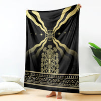Black mythological blanket with gold emblem, star accents, and striped ray design