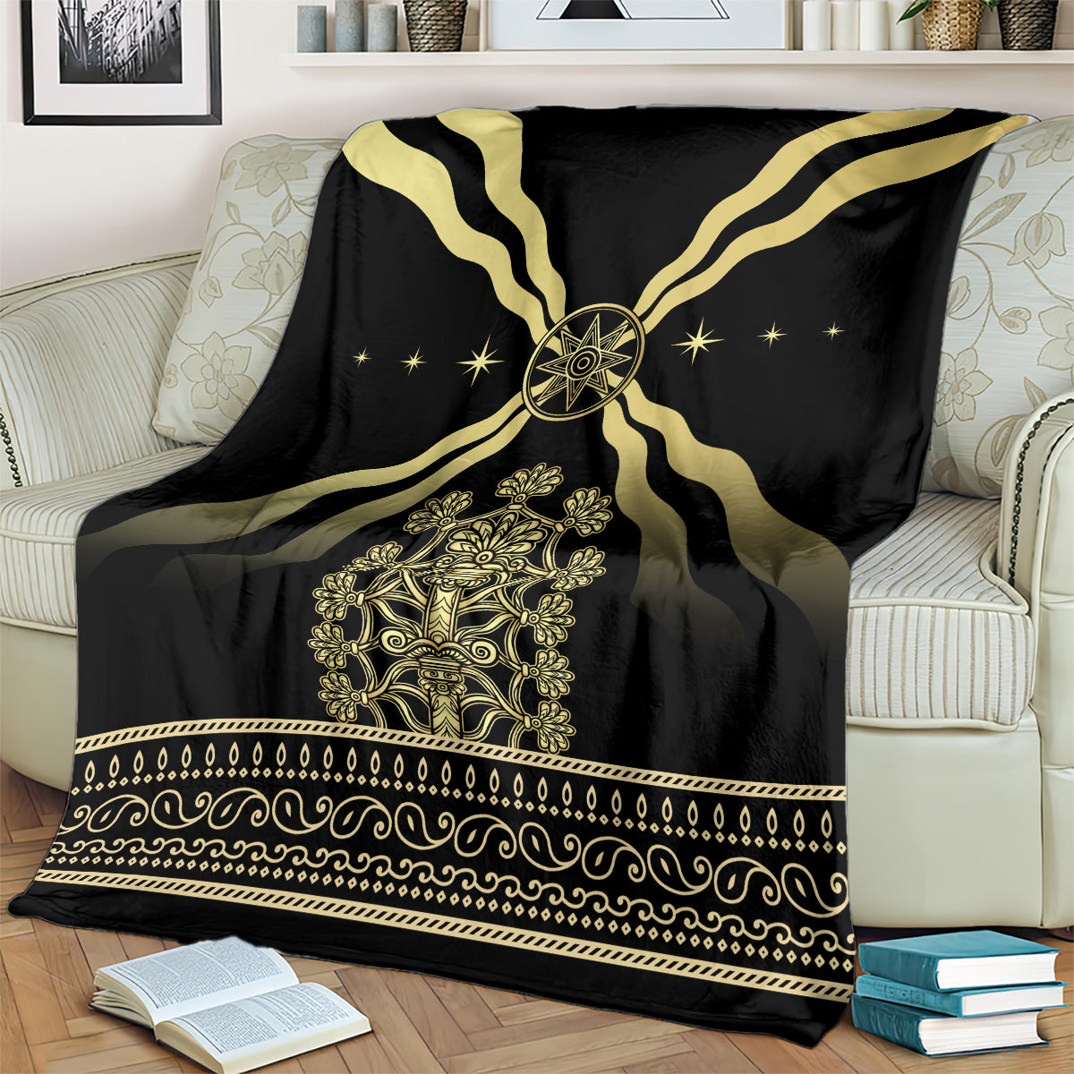 Black and gold mythological spirit blanket with central emblem and decorative band trim