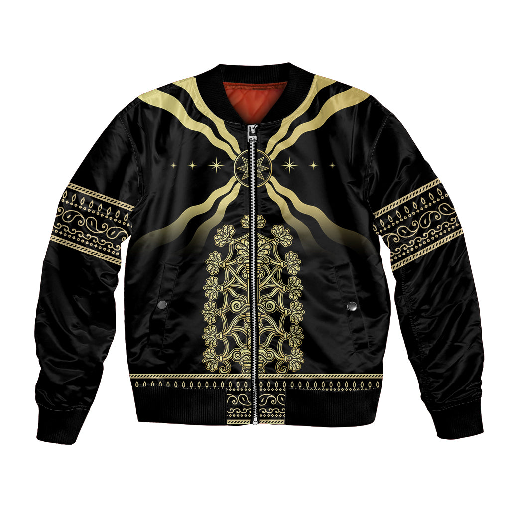 Black bomber jacket with gold embroidered emblem and zip front, long sleeves