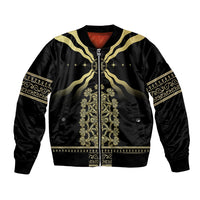 Black bomber jacket with gold embroidered emblem and zip front, long sleeves