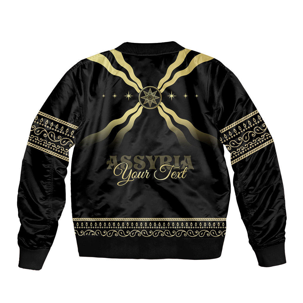 Black bomber jacket with gold emblem, starburst back design and 'Your Text'
