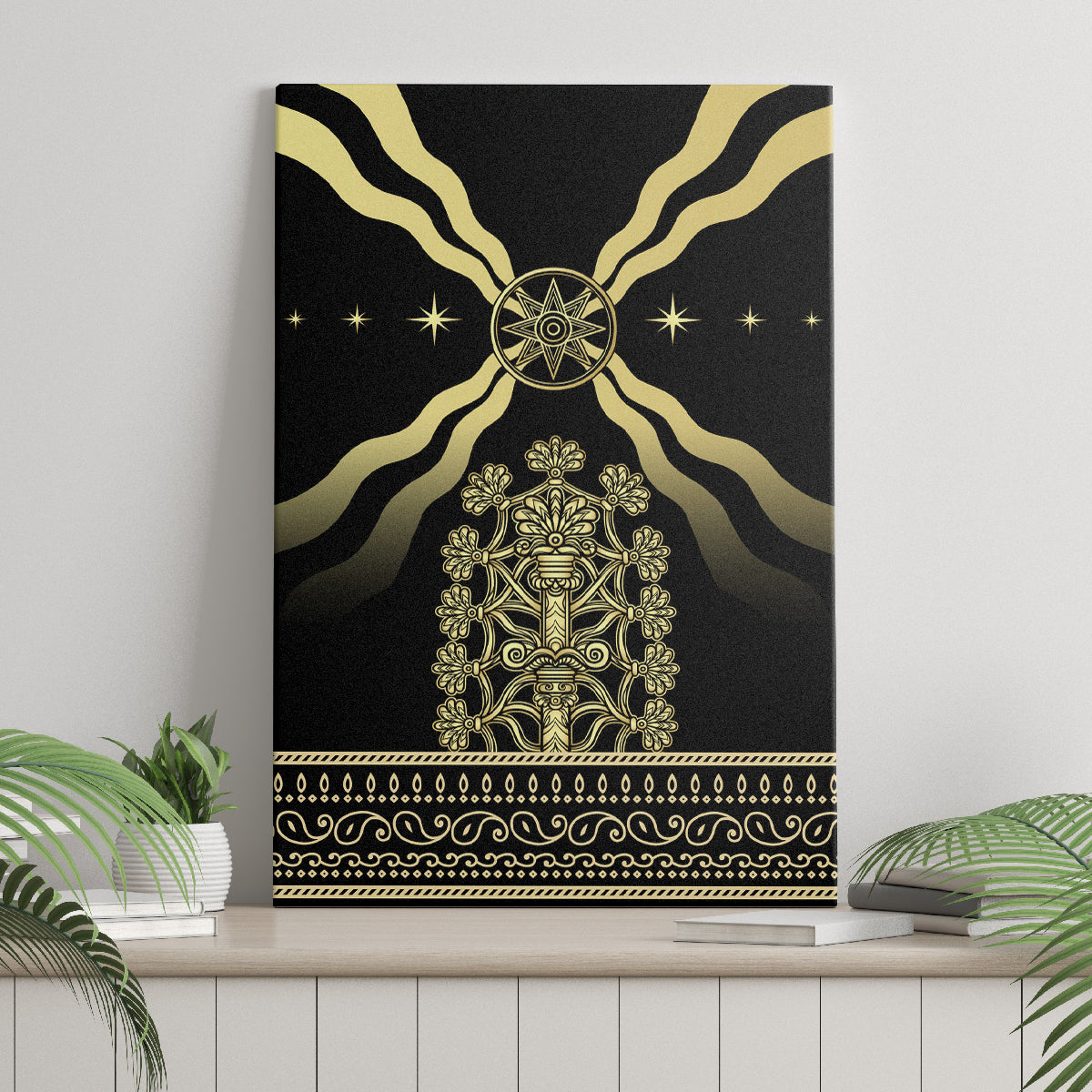 Black canvas wall art on ledge with gold compass emblem, rays, and ornate central figure
