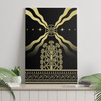 Black canvas wall art on ledge with gold compass emblem, rays, and ornate central figure