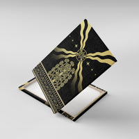 Black canvas wall art with gold sunburst emblem, star dots, and ornate central motif