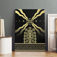 Black canvas wall art with gold compass circle, flowing rays, and ornate centerpiece