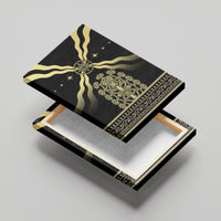 Black canvas print angled view with gold sunburst compass, ornate motif, and decorative border