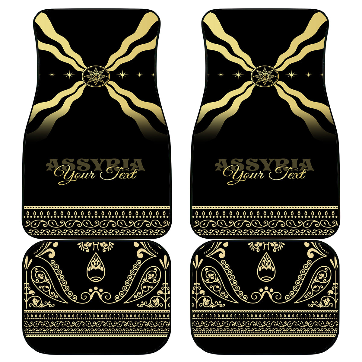 Set of black car mats with gold cross, star emblem, and decorative border
