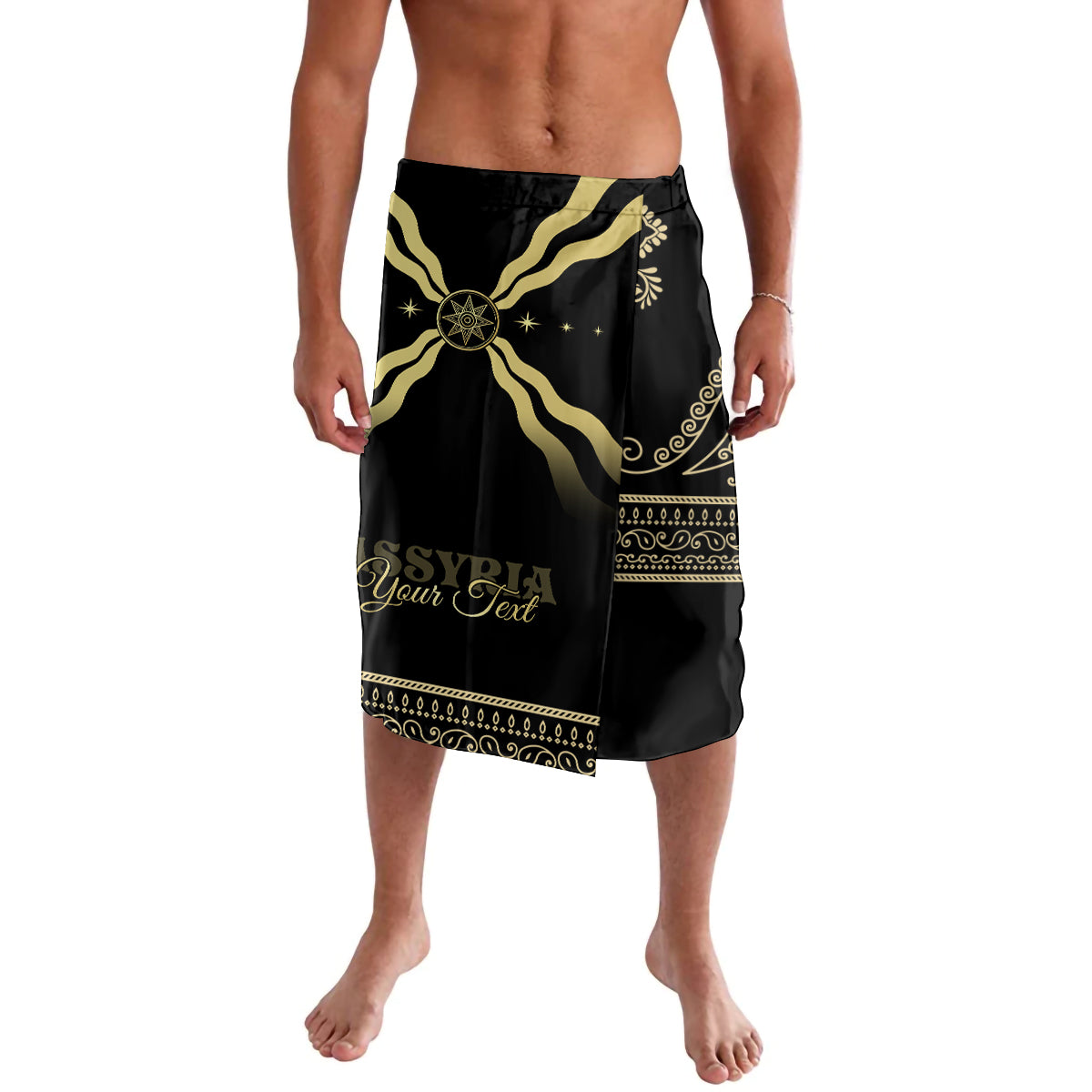 Black mythic print lava lava shorts with gold ornamental border