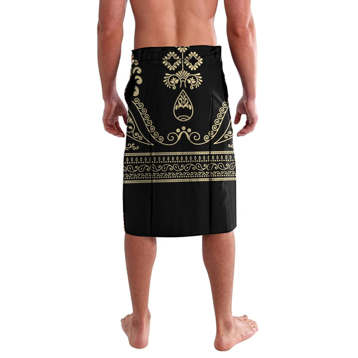 Black shorts with gold emblem and geometric border front