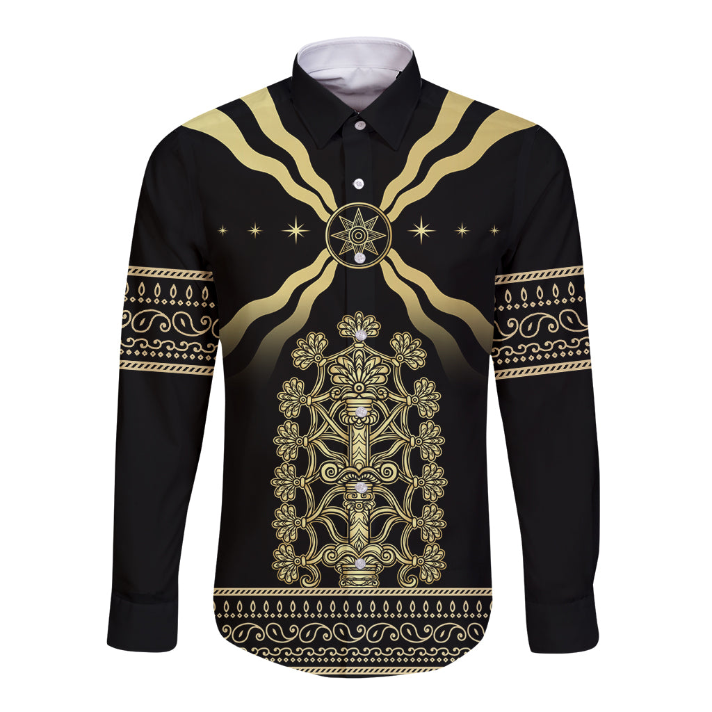 Black long-sleeve button shirt with gold tribal emblem and ornate central crest