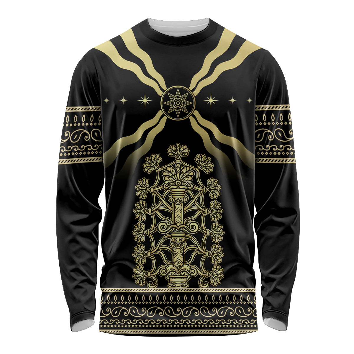Black long-sleeve shirt with gold Assyrian-style emblem and ornate center graphic