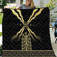 Black quilt blanket with gold cross pattern, central emblem, and ornate border
