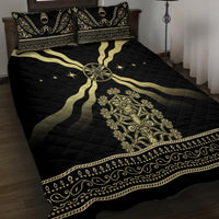 Black quilt bed set with gold center emblem, star accents, and ornate border trim on quilt