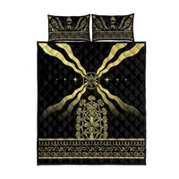 Black quilt bed set with gold medallion, flame-like stripe and decorative border, two pillow shams